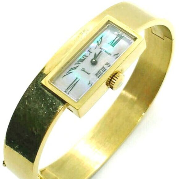 Vintage Wittnauer Geneve Mother Of Pearl Gold Plated Women\'s Bangle Watch Swiss